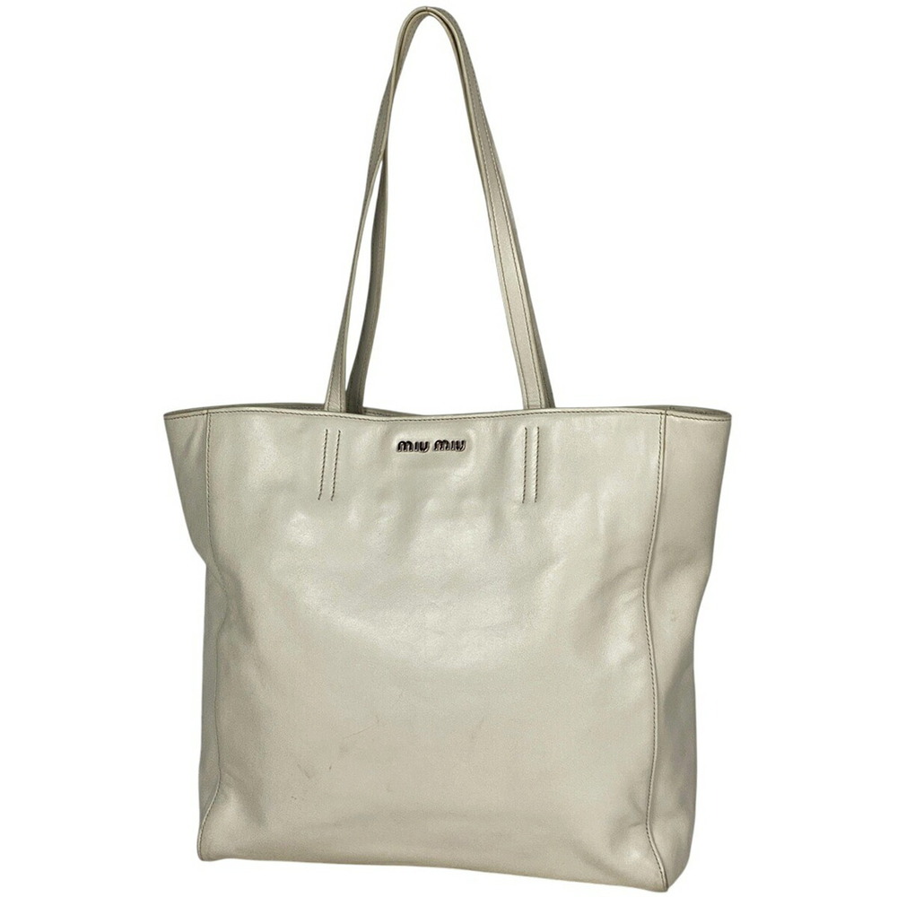 Miu Miu Logo Tote Bag Shoulder Leather White